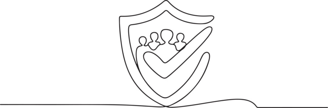 Continuous line drawing of family protection icon with shield and check mark Vector. one line icon drawing vector