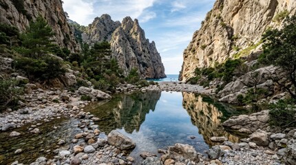 Obraz premium Rocky stream and mountain reflections in Torrent de Pareis, Mallorca, dramatic Mediterranean gorge landscape with rugged textures, calm water and scenic travel mood, natural daylight, layered detail,