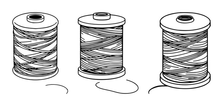 Thread spool set with black line art on white background featuring textile, sewing, craft with minimalism and illustration