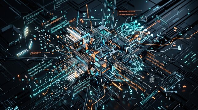 Broken or taking apart algorithm concept shown as a deconstructed digital system, artificial intelligence, debugging and machine logic theme for tech editorials and innovation branding, fragmented