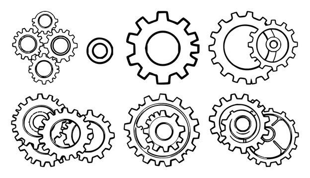 Interlocking gears set with black line art against white background featuring mechanical, engineering, design with gears, cogs, machinery