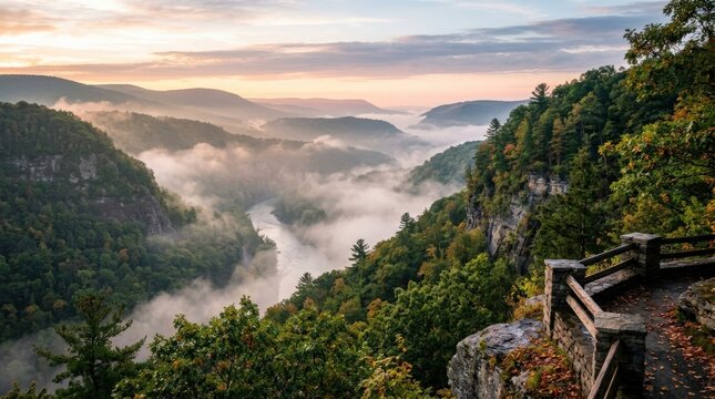 Mist rising over mountains in Letchworth State Park New York, layered landscape with soft morning atmosphere and strong travel appeal, natural light, realistic textures, atmospheric depth, polished