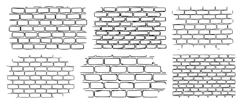Brick wall set with black line art on a white background featuring bricks, wall texture, masonry with illustration and vector