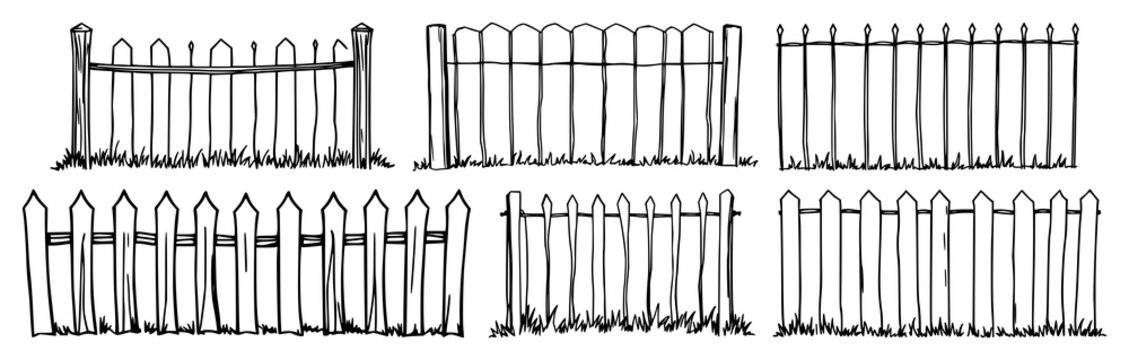 Fence set with stylized black line art of ornate wooden fence on plain white background featuring fence, line art, outline, architecture with symmetry and vertical panels