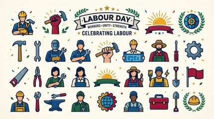 Naklejka premium Labour Day design Set – Minimal Solid Style Workers Icons, Tools, and Celebration Elements, elegant symbolic elements and clean composition, vibrant celebratory mood, realistic detail, polished