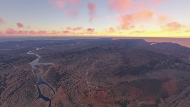 Side aerial view at sunset of Socotra Island. Yemen