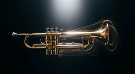Obraz premium Shining brass trumpet catches a bright spotlight in a dark room, featuring artistic motion blur to convey the fluid movement of jazz music, vibration, stage, concert
