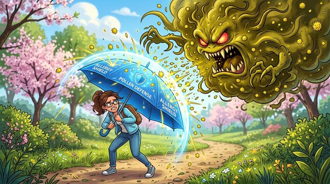 Woman shielding herself with an umbrella from a menacing creature  