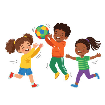 Three diverse children playing catch with a colorful ball