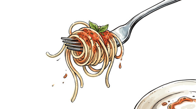 Hand Drawn Spaghetti Twirl on Fork Close Up Italian Food Vector Illustration