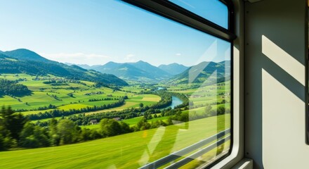 Fototapeta premium Soft natural light illuminates the interior of a moving transit vehicle as a view of the rolling landscape passes by through a large window, commute, blur, flare