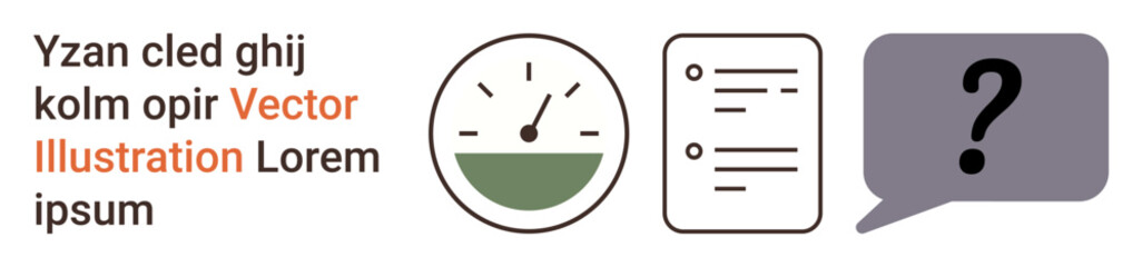 Performance evaluation, checklist review, inquiry, time management, information assessment, decision-making. Gauge meter, document sheet and question mark. Evaluation and checklist review concepts © robu_s