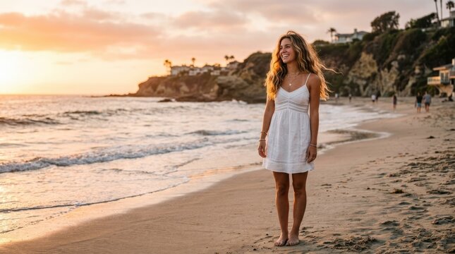 Girl standing on the beach at golden hour, warm California lifestyle portrait with sunlit hair, relaxed pose and coastal freedom, strong tourism and fashion appeal, glowing sunset tones, realistic