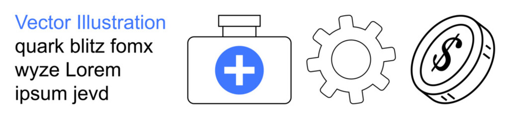 Obraz premium Healthcare, technology, innovation, economy, financial concepts, minimal design. A medical box with a cross, gear and dollar coin. Healthcare and technology digital solutions and financial growth