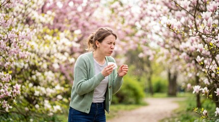 Fototapeta premium Young woman sneezing while walking in a blooming garden path 