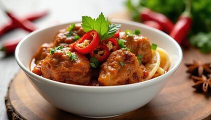 Fototapeta premium Spicy chicken rendang served in white bowl with chili pepper garnish. Asian dish with rich texture and flavor. Perfect for culinary blogs and restaurant menus.