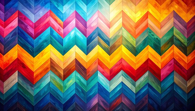 Vibrant chevron wood plank pattern with a rainbow of colorful hues and wood grain texture, abstract geometric background, energetic and lively