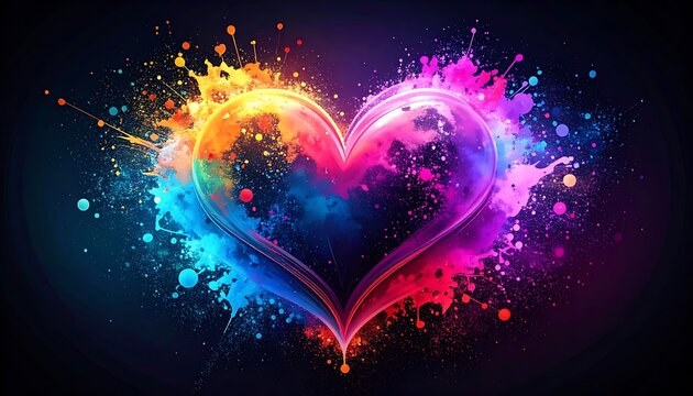 Vibrant heart shape exploding with colorful paint splashes and gradients, symbolizing love and passion, perfect for Valentine's day or romantic themes