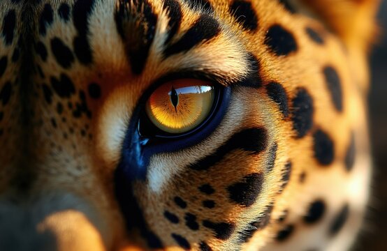 Extreme close up of a leopard eye shows detailed fur pattern and predatory gaze. Golden iris reflects light, revealing sharp pupil. This wild cat is resting in natural habitat during daytime.