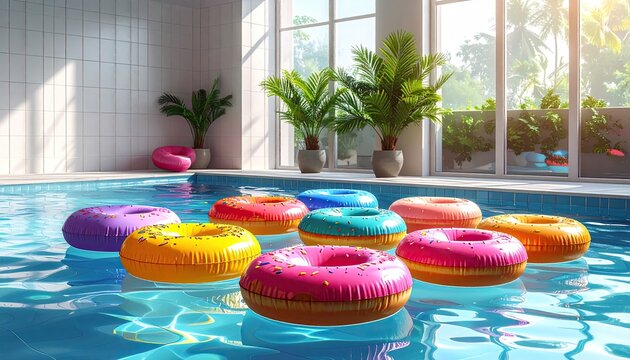 Colorful donut floaties drift in a sunlit indoor pool, surrounded by plants