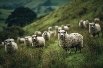 Fototapeta premium Vibrant pastoral scene featuring lush green grass and grazing sheep in a serene landscape