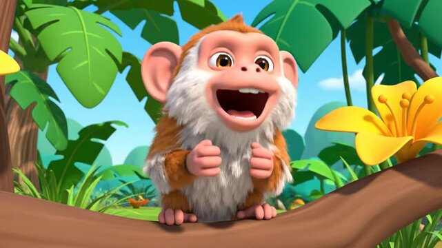 Adorable cartoon monkey with a big smile and thumbs up, sitting on a tree branch in a lush jungle setting