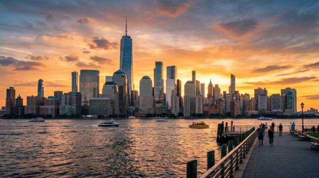 New Jersey city skyline at sunset, strong travel, architecture or business concept with clean composition, valuable stock search terms and professional clarity, soft natural light, realistic textures,