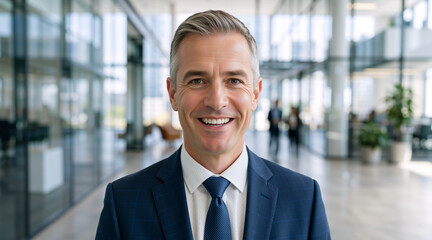 Fototapeta premium Portrait of a smiling middle aged businessman in a blue suit. Confident male executive in a modern office lobby. Professional leadership and success concept
