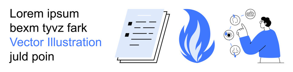 Obraz na płótnie Canvas Business operations, data protection, decision-making processes, communication, digital tools, educational . A document, blue flame icon and person using interactive icons. Business and data