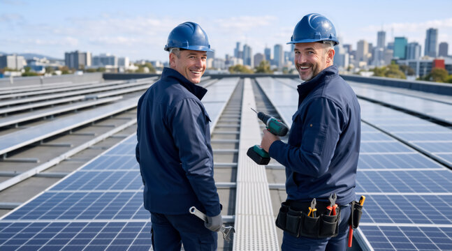 Two solar panel installers smiling on a rooftop with city skyline. Professional technicians installing renewable energy system. Green technology and sustainable power concept