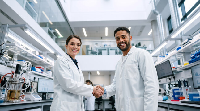 Diverse scientists shaking hands in a modern laboratory. Professional researchers in white coats celebrating partnership. Collaboration and success in science concept