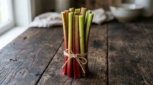Rhubarb stems standing vertically on a dark wood background, minimal rustic composition with fresh organic stalks and red-green contrast, strong commercial appeal for healthy seasonal produce and food