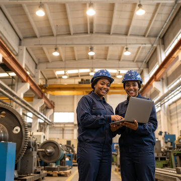 Two Black female engineers using a laptop in a factory. Smiling women technicians in hard hats and uniforms collaborating in industrial manufacturing plant. Teamwork and technology concept