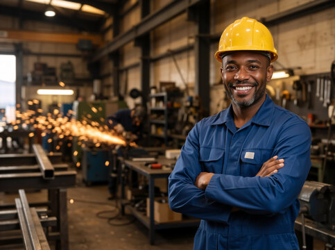 Smiling Black male industrial worker in a blue coverall and yellow hard hat. Confident metal fabricator with arms crossed in a busy workshop with welding sparks in the background