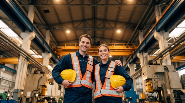 Portrait of a smiling male and female factory worker in a manufacturing plant. Industrial team wearing safety vests and holding yellow hard hats. Teamwork and collaboration concept