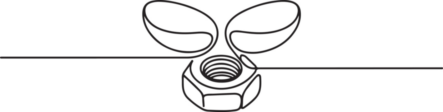 A minimalist continuous line drawing depicting a single wing nut fastener. one line icon drawing vector