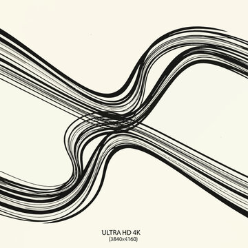 Abstract composition with black curved parallel lines intersecting on a cream textured background, creating a minimalist graphic design with fluid motion and linear patterns.