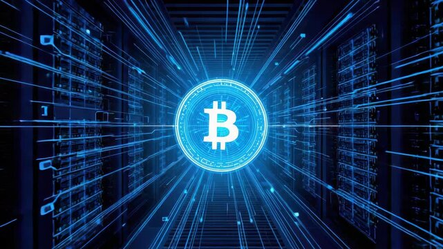 Cryptocurrency digital currency coin neon server room data center glowing bitcoin token motion