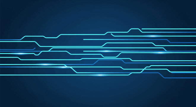 Blue neon glowing horizontal stripes with angular geometric segments on dark background, resembling digital circuit board traces, data streams, and high-tech connectivity pathways.
