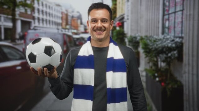 Man smiling while holding soccer ball in hand, wearing blue and white scarf on street; team pride celebration.