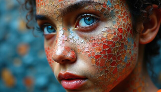 Close-up portrait of a child with mosaic pattern on face. Vibrant colorful fractured surface forms intricate design on young person with blue eyes and curly dark hair. Artistic facial body art.