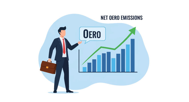 Vector illustration of a businessman in a suit with a briefcase standing next to an ascending bar graph with a green arrow and text about achieving net zero carbon emissions goals.