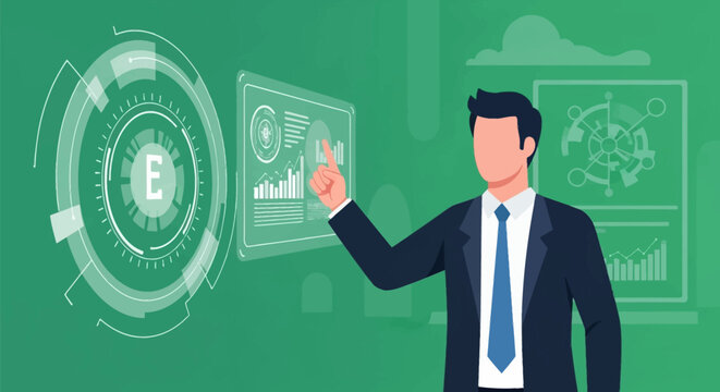 Businessman in a suit interacting with a futuristic digital HUD interface featuring bar charts, line graphs, and circular data icons on a green background flat vector illustration.