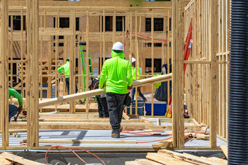 Fototapeta premium Carpenter carrying a long wooden board across a residential framing construction site, USA