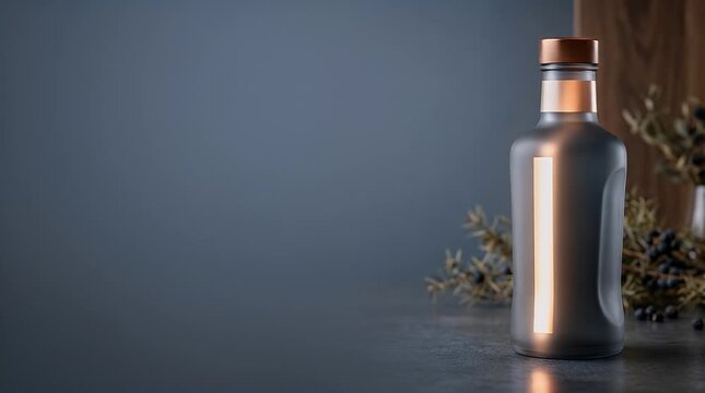 Elegant Black Bottle with Copper Accent Surrounded by Natural Elements on Dark Background