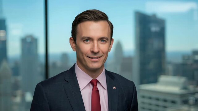 Smiling businessman man suit and tie modern office with city skyline view and confident professional