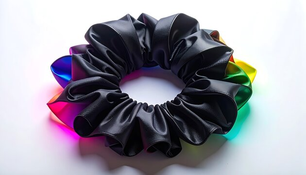 A black satin scrunchie with rainbow colors visible beneath, ruffled texture, creating a vibrant fashion accessory