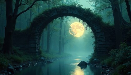 Naklejka premium Old stone arch bridge over calm river at night. Overgrown with vines, surrounded by mystical forest and fog. Big yellow moon shines through trees.