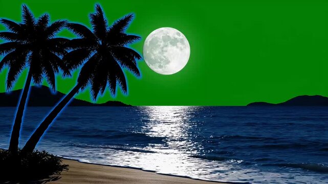 Serene tropical night scene with a bright full moon reflecting on calm ocean water, silhouetted palm trees frame a vibrant green sky