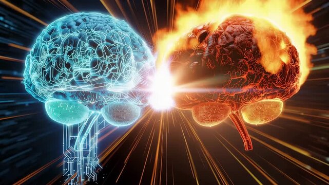 発光する脳と漏斗の質感を接近して描いた青赤対比のAIビジュアル